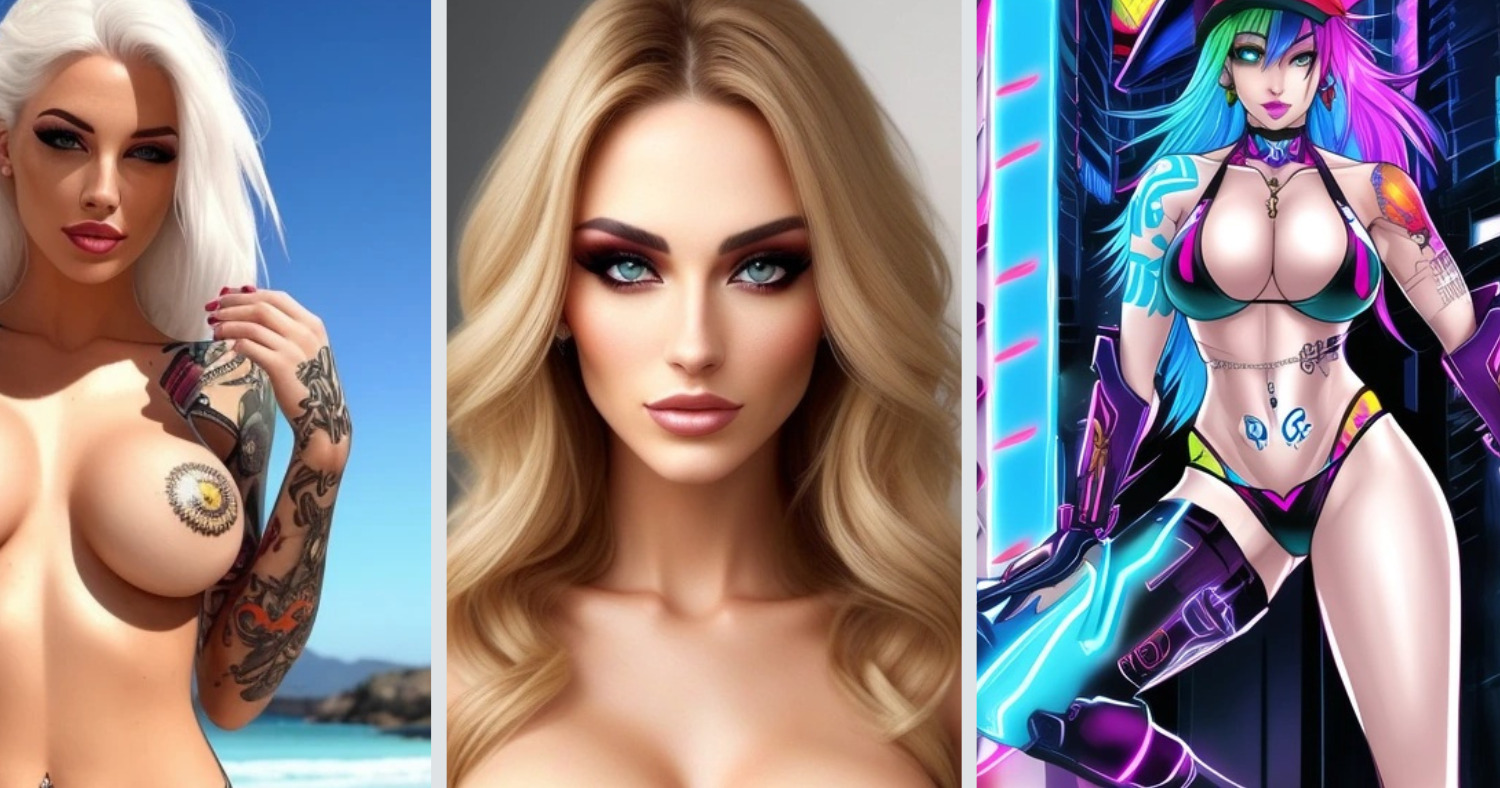 Hentai AI images generated by Sexy AI, 3 women, tattoos, neon, hentai art, realistic, anime